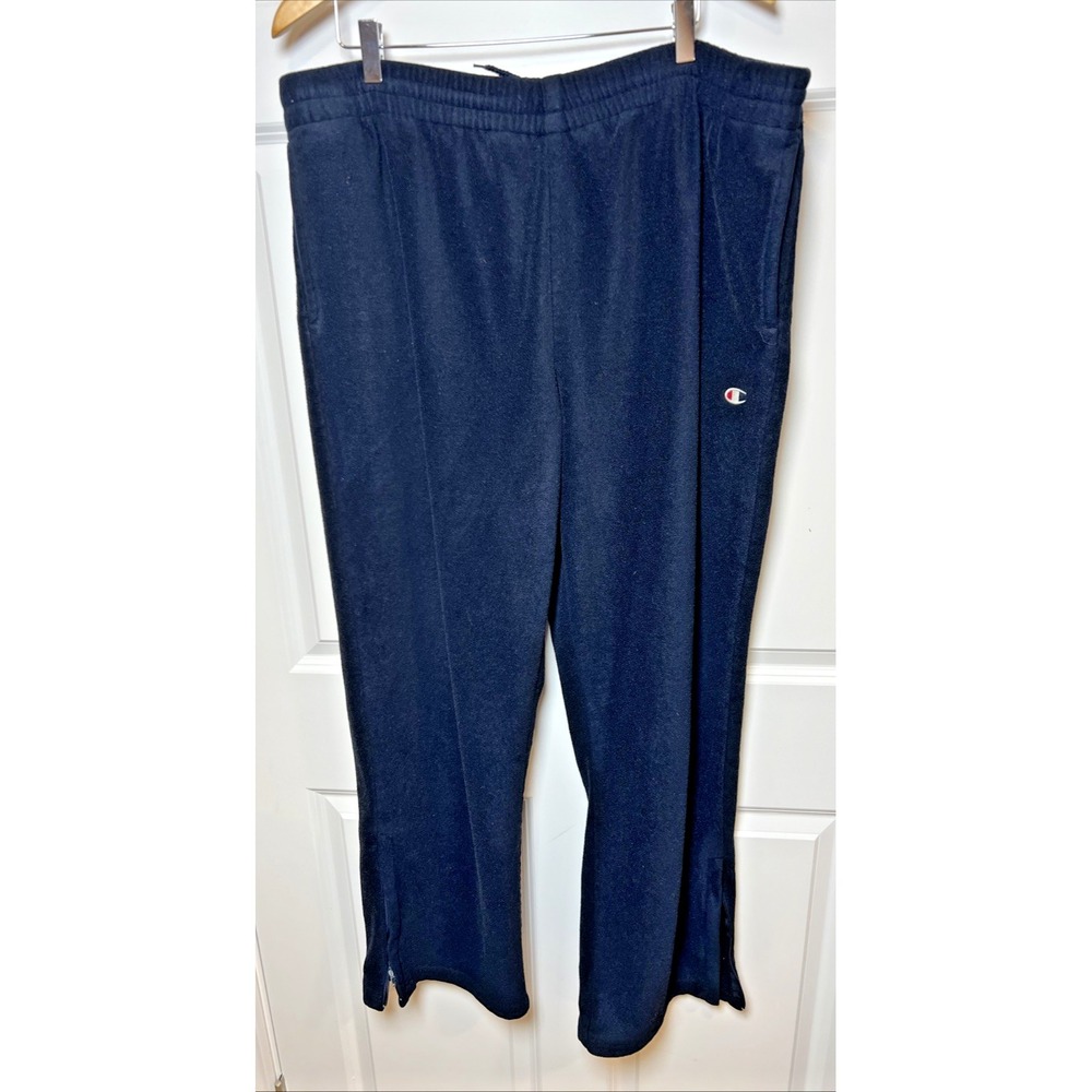 Champion Teddy Fleece Track Pants XXL Black Ankle Zip Warm Stretch Joggers